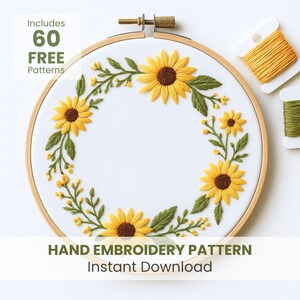 Satin Stitch Embroidery Pattern Sunflower Wreath DMC Thread Color Chart PDF Hoop Art Circular Design French Knot Yellow Bud Details Long Short Stitch Sunflower Petal Motif Stem Stitch Eucalyptus Vine Leaf Detail Botanical Needlework PDF Template Padded Satin Stitch Sunflower Center Brown Texture Split Stitch Green Leaf Design Multiple Size Options Embroidery Hoop Size Guide Printable PDF Instructions DMC Floss Reference Botanical Wreath Layered Stitch Sunflower Texture Needlework Dark Brown