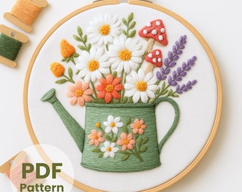 Floral Watering Can embroidery, PDF pattern: Cottagecore design, DIY spring crafts