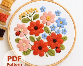 Wildblumen Blumenstrauß Stickmuster: Florale Handstickerei (PDF Download)