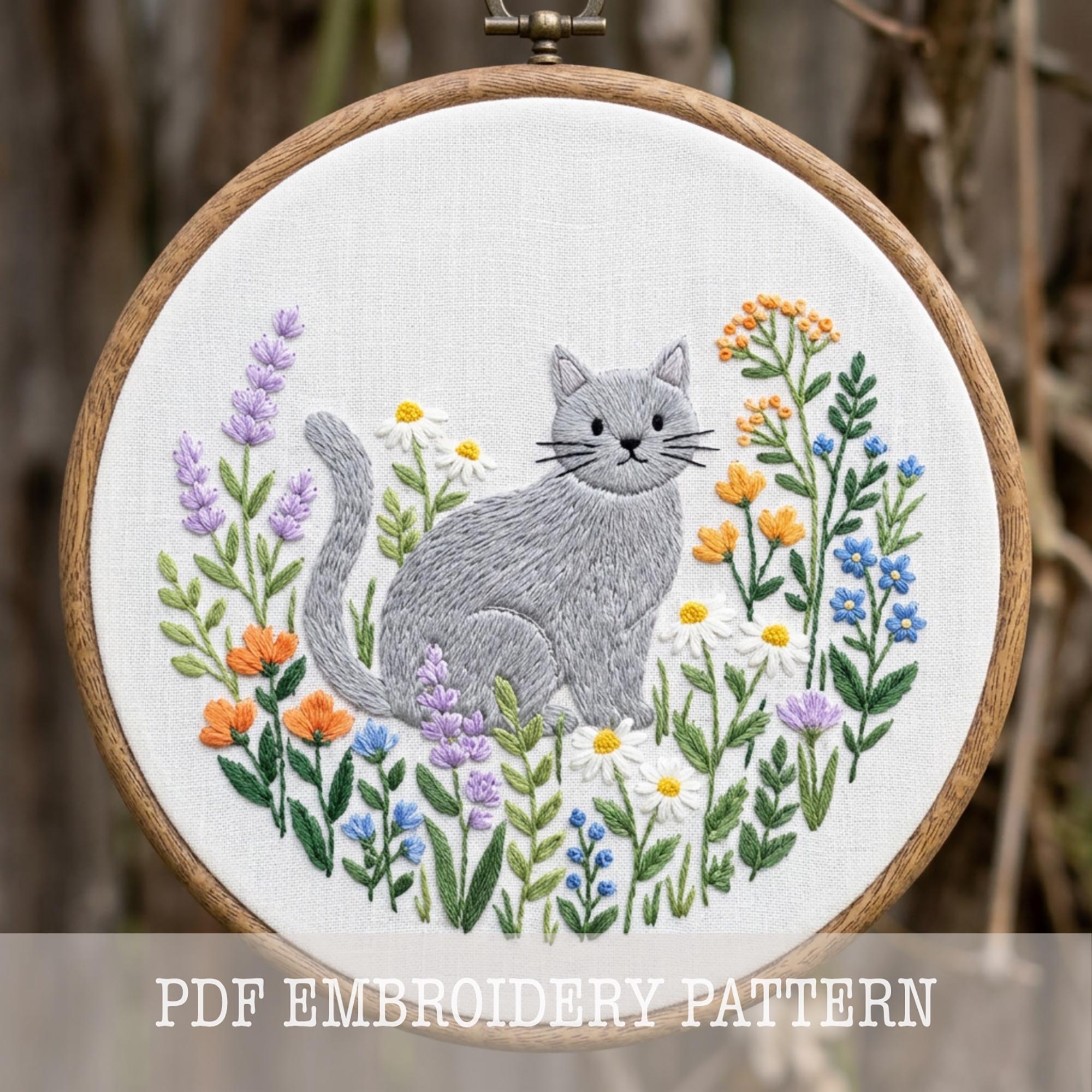 刺繍 絵画 花と猫 手刺繍 猫と花の刺繍絵🐱🌸 額縁入り 癒し系