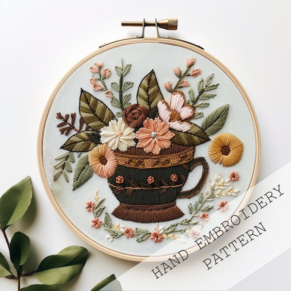 Coffee Lover Embroidery, Instant Download, Coffee mug Embroidery, Hoop art, Kettle Embroidery, Gift For Tea Lover, Tea Gift, Handmade Gift