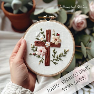 Floral Cross Hand Embroidery Pattern: Christian Theme, Beginner Friendly,  printable template (Downloadable)