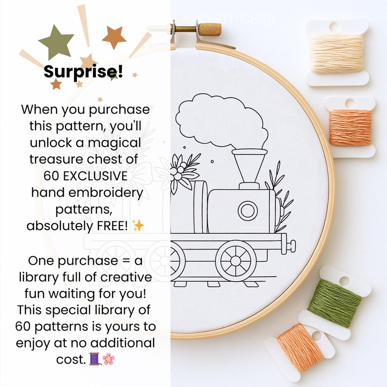 May include: An embroidery hoop with a train design, surrounded by spools of thread in various colors. The text "Surprise!" and promotional text are also visible, advertising a free library of embroidery patterns.
