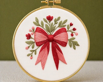 Patrón de bordado de lazo rosa: Arte en aro coqueto, idea de regalo (plantilla imprimible en PDF)