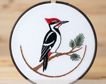 Pileated Woodpecker Embroidery Pattern Hand Embroidery PDF Digital Download Pine Branch Hoop Art Woodland Birdwatcher Gift