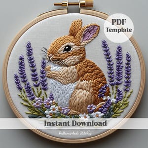 Cozy Bunny with lavender Embroidery art, Nature Hand Embroidery, modern home decor, PDF download, spring dreamy design, wildflowers garden