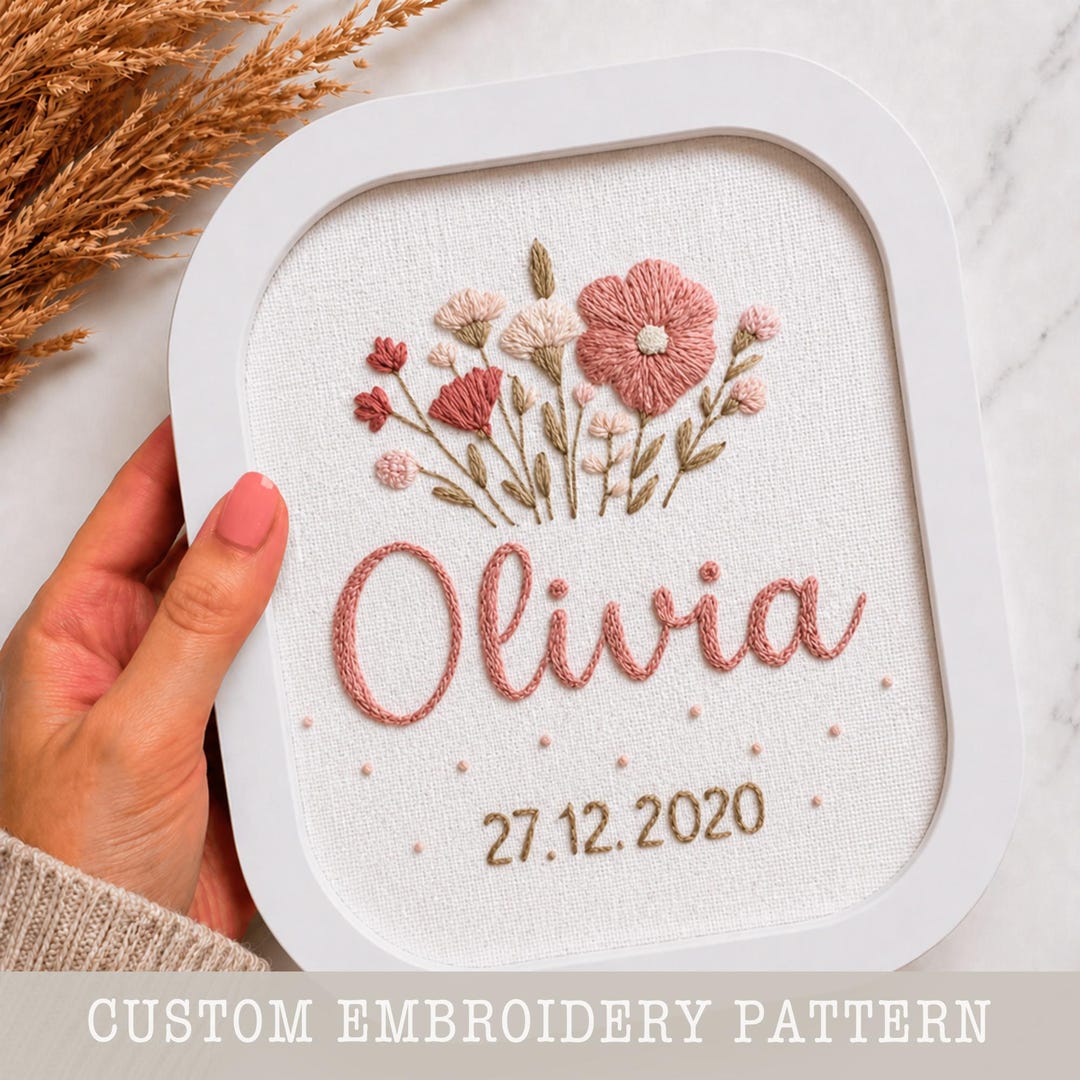 Personalised Blossom Embroidery Pattern PDF, Custom Name Floral Hoop ...