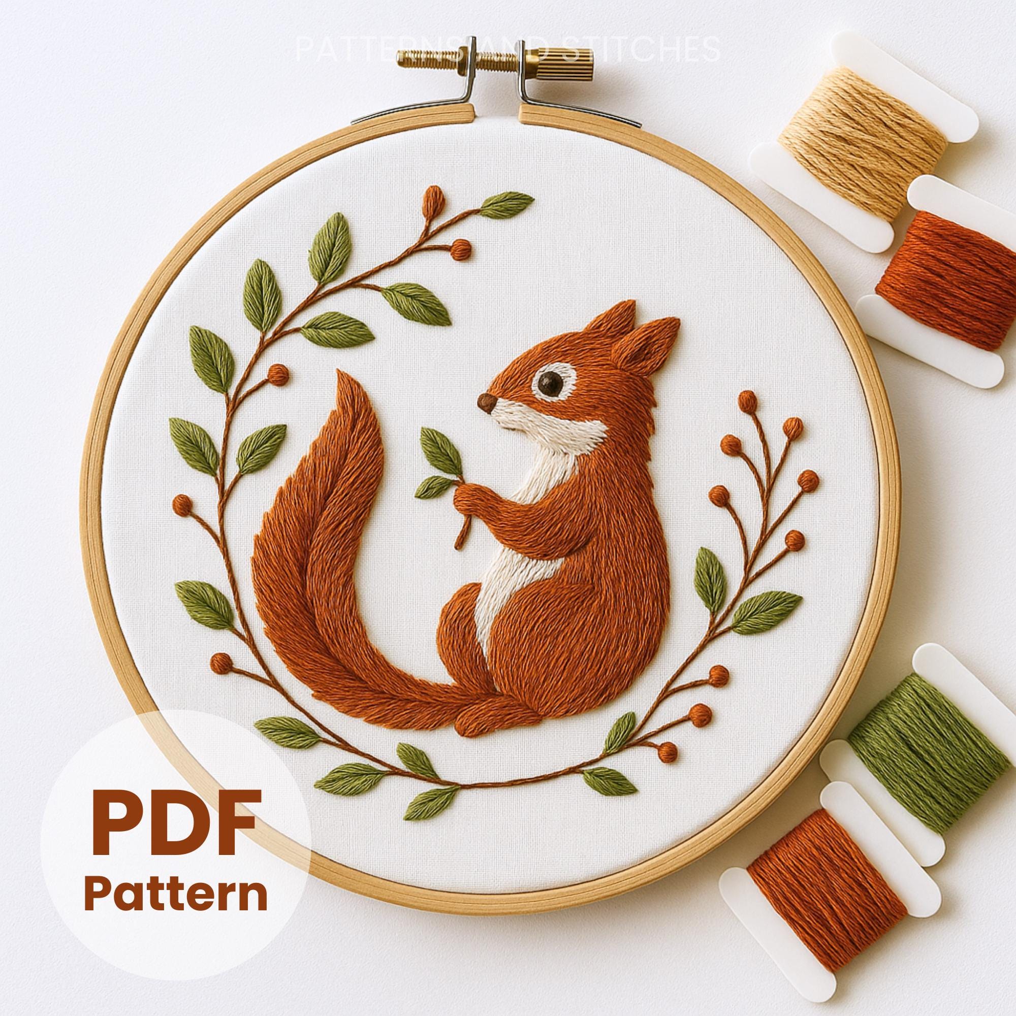 リスの刺繍パターン：森のニードルポイントデザイン、森のテンプレート