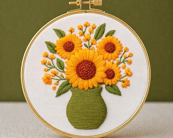 Patrón de bordado a mano de jarrón de girasoles, flores amarillas, patrón de girasoles, diseño de flores de verano, patrón de bordado a mano en PDF