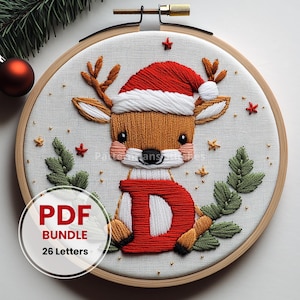Bordado inicial, adorno navideño, bordado de monograma, letra única, patrón de letras navideñas, apto para principiantes, arte de bordado de ciervos