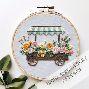 フラワーカート刺繍、PDFパターン、生花、フラワースタンド刺繍、初心者向け刺繍パターン、DIY刺繍、手刺繍
