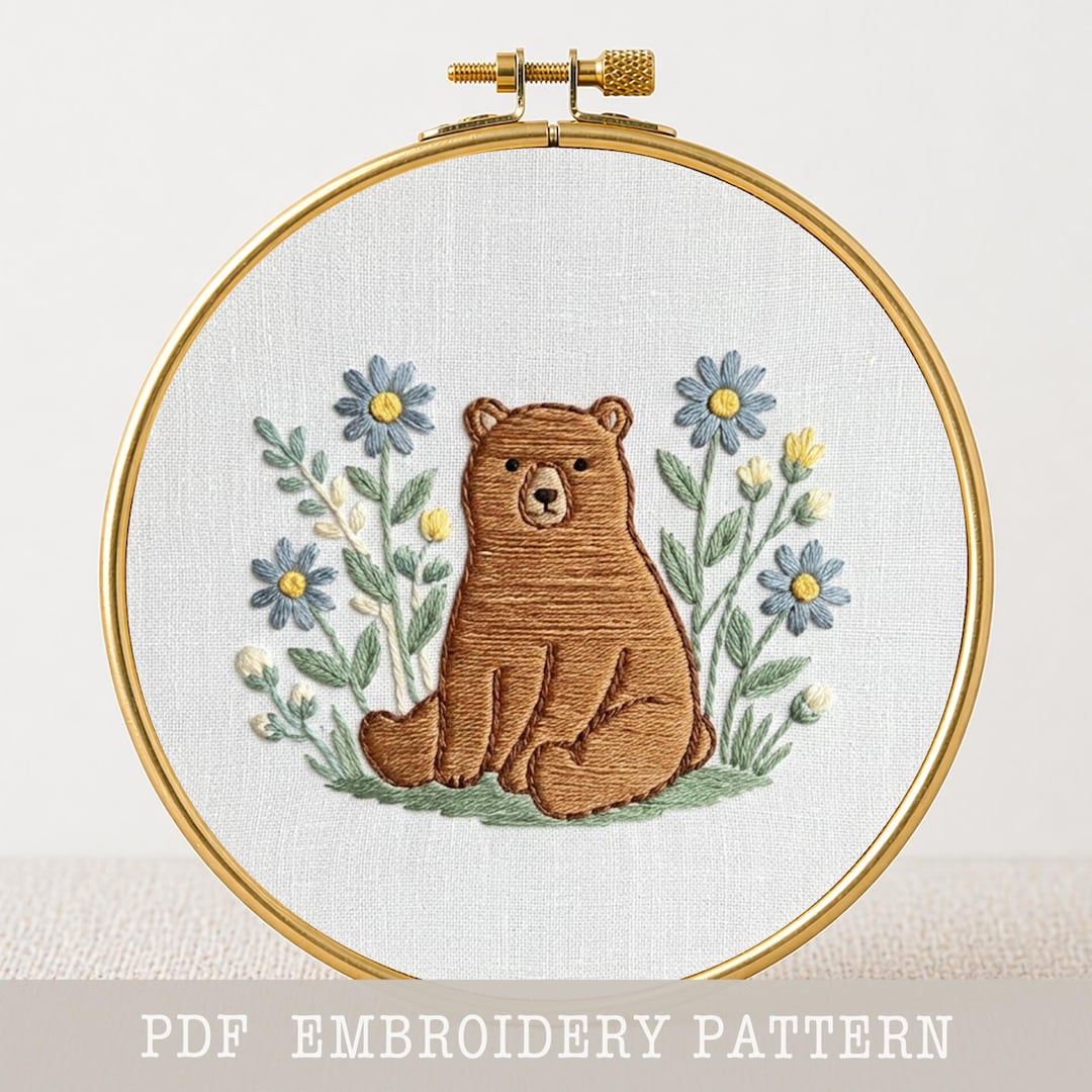 森のクマの刺繍パターン：動物の刺繍デザイン、刺繍枠装飾（PDF