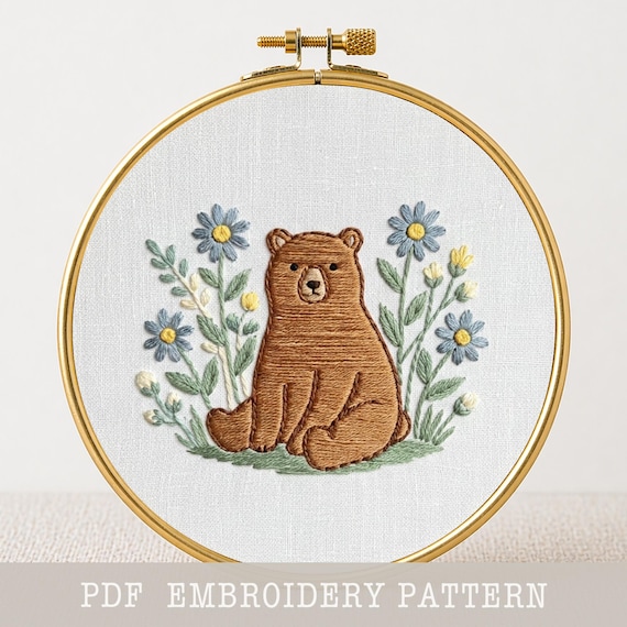 森のクマの刺繍パターン：動物の刺繍デザイン、刺繍枠装飾（PDF