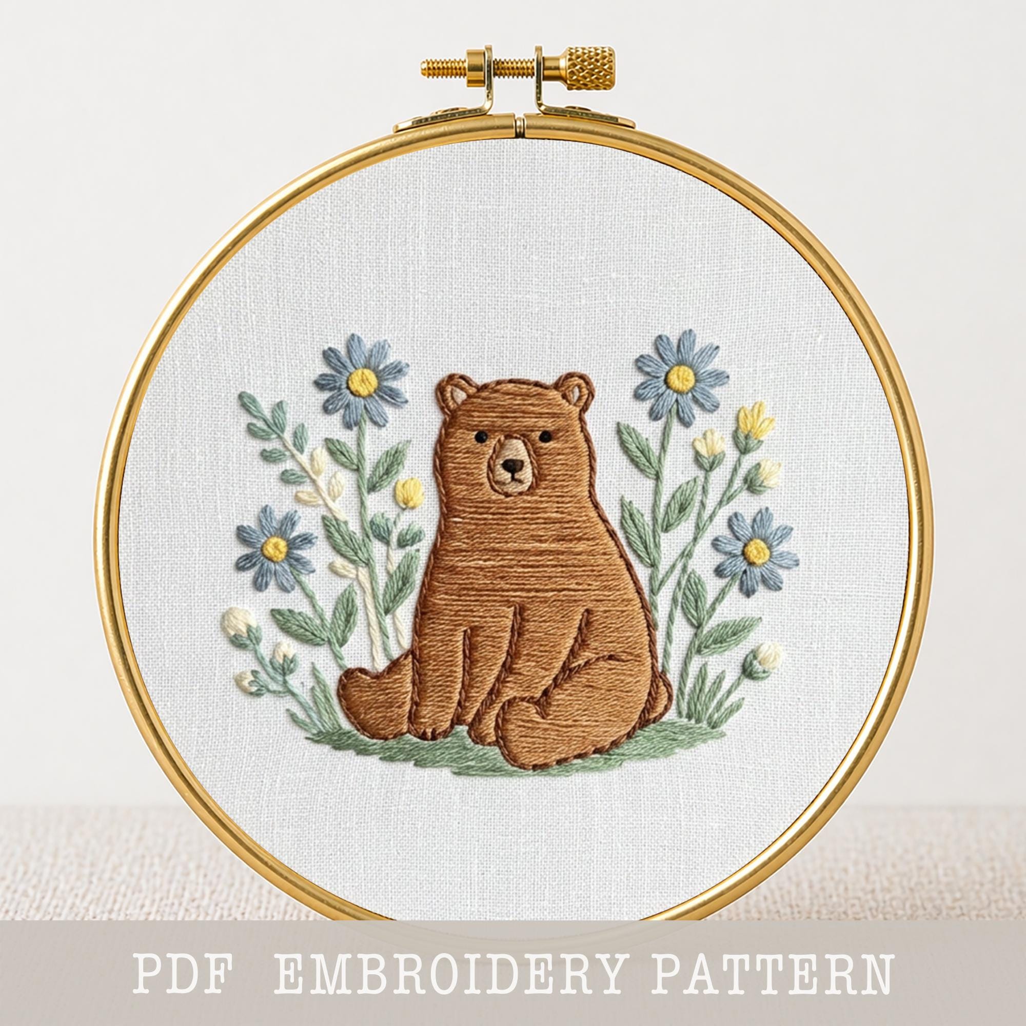 森のクマの刺繍パターン：動物の刺繍デザイン、刺繍枠装飾（PDF