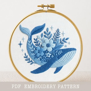 Wzór haftu wieloryba w kwiaty: Sea Life Hoop Art (do pobrania w formacie PDF, dla początkujących)