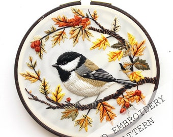 Herbst Vogel & Blätter Handstickerei, Vogel Nadelmalerei für Anfänger, Fadenmalerei, buntes Vogel Muster, Instant Download