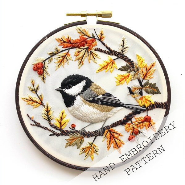 Autumn Bird & leaves Hand Embroidery Pattern, Bird Needle painting for Beginners, Thread Painting, Colorful Bird Pattern, Instant Download