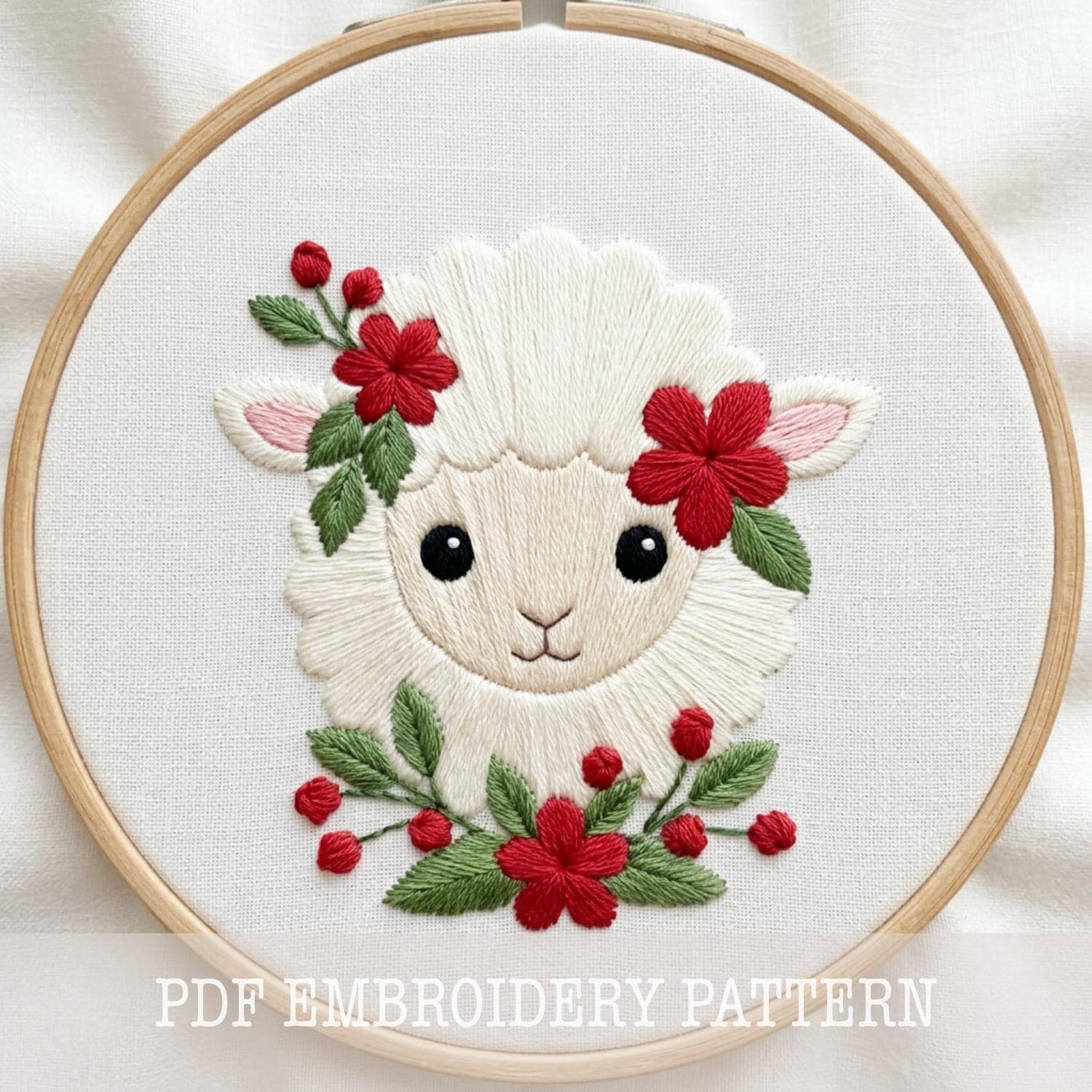 羊の刺繍パターン PDF デジタルダウンロード 花柄の子羊 クリスマス