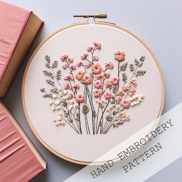 Patrón de bordado a mano de bordado de flores silvestres, bordado rosa, patrón de bordado floral, prado rosa DIY, arte de bordado, flores silvestres rosas