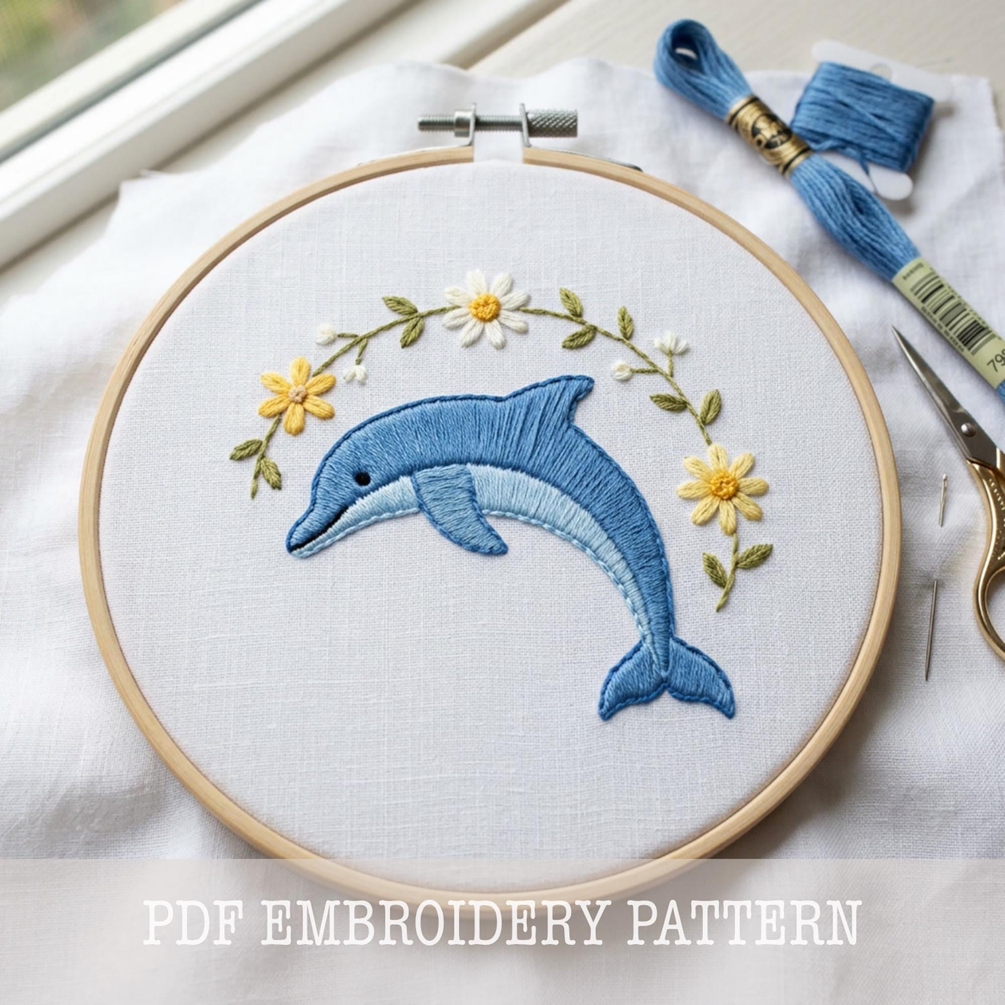 イルカの手刺繍パターン：夏のフープアート、海の生き物（PDF