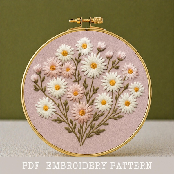 Patrón de bordado de margaritas silvestres: Arte floral en bastidor para principiantes (patrón PDF)