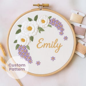 Name Embroidery, Personalized Craft, Embroidered Kids Name, Hand Embroidery, PDF Pattern, Custom Name, Floral Wreath Design, Baby Girl Decor