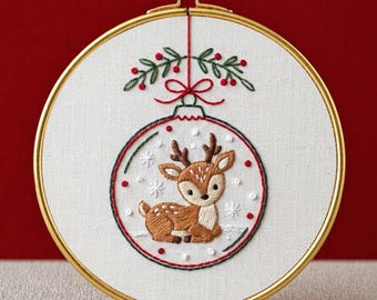 Reindeer Embroidery Pattern PDF Digital Download Christmas Bauble Fawn Hoop Art Kawaii Deer Snowflake Beginner Friendly Satin Stitch Decor