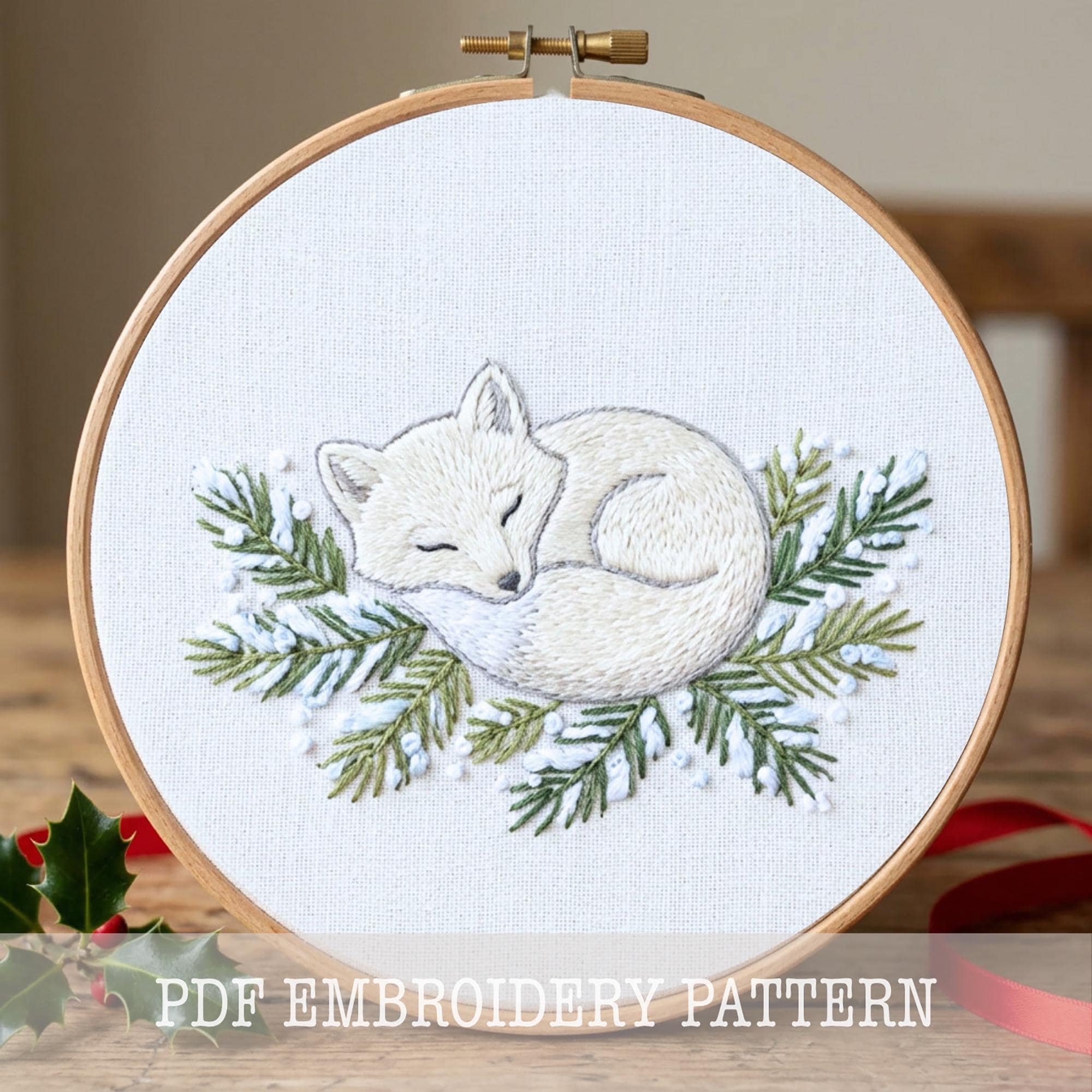 Arctic Fox Embroidery Pattern: Winter Animal Hoop Art