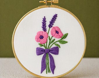 Patrón de bordado de amapola lavanda en PDF, descarga instantánea, apto para principiantes, ramo de primavera, arte en bastidor, bordado botánico imprimible, decoración de pared.