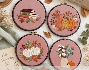Autumn Hand Embroidery Pattern Set PDF Digital Download: 4 Designs Pumpkin Cotton Books Beginners crafts  Hoop Art Printable Fall Decor