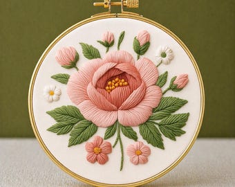 Patrón de bordado de peonía en PDF, descarga instantánea, apto para principiantes, arte floral en bastidor, flor individual, botánico, imprimible, decoración de bordado de primavera