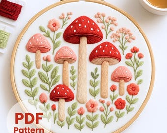 キノコの刺繍パターン：秋の植物デザイン（PDFダウンロード、6サイズ