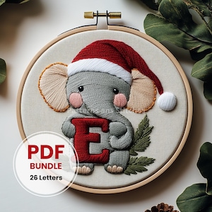 Padrão de letras em PDF, padrão de bordado à mão de elefante do alfabeto, desenhos de bordado de Natal, padrão de bordado para iniciantes, ideia de presente personalizada