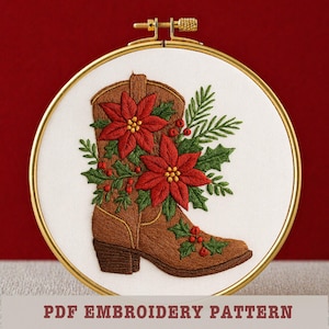 Cowgirl Christmas Boot Embroidery Pattern: Holiday Poinsettia, easy crafts (PDF Pattern)