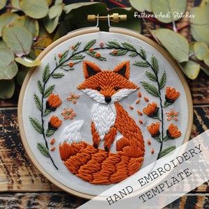 Ricamo volpe del bosco, tema animale, bosco e foresta, ricamo volpe floreale, regalo artigianale fai da te, ricamo moderno, ricamo ad ago, arte con telaio