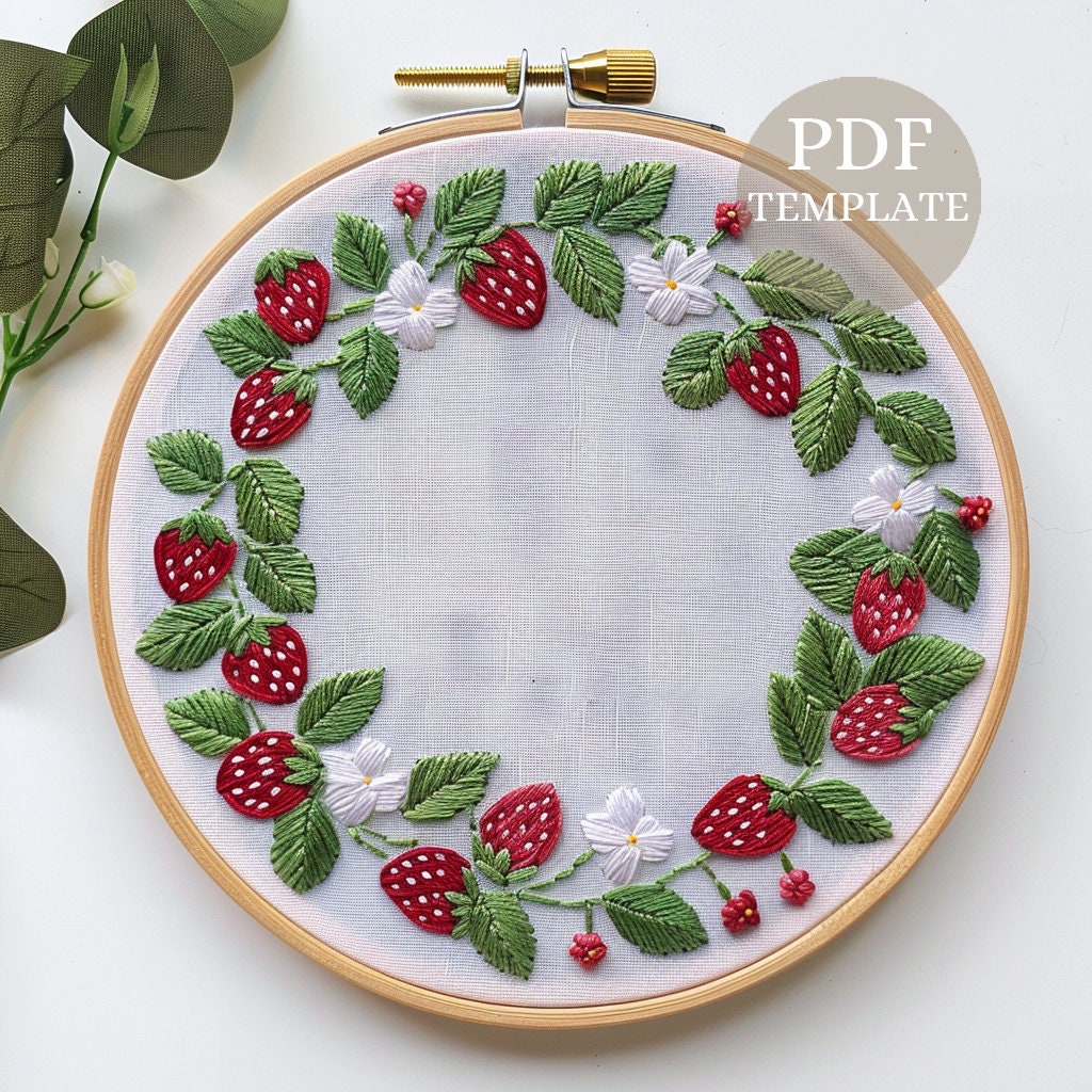 Strawberry Wreath, Embroidery Pattern, Summer Fruit, Embroidery template, Hand Embroidery, Needlepoint,PDF Printable art, DIY stitching file