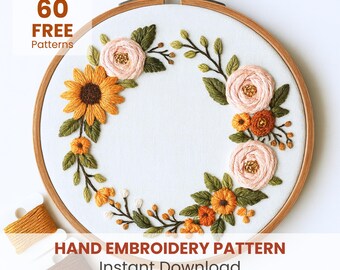 Sunflower Rosehip Embroidery Pattern: Autumn Wreath Needlepoint