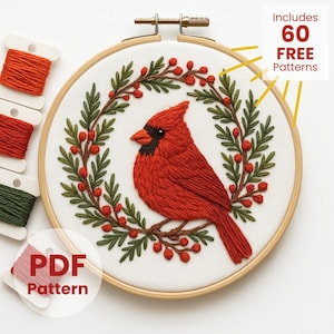 Wzór haftu „Zimowy kardynał”, rękodzieło świąteczne dla początkujących, sztuka minimalistyczna (pobierz plik PDF)
