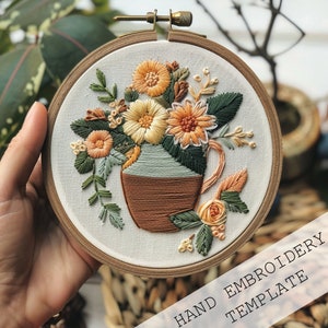 花柄ティーカップ刺繍テンプレート、即時ダウンロード、DIY刺繍、フープアート、ティー刺繍、お茶好きへのギフト、手作りギフト、アイデアギフト