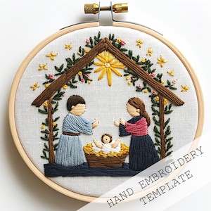 May include: Hand embroidery template featuring a nativity scene with Mary, Joseph, and baby Jesus in a manger. The scene is surrounded by a brown wooden frame with green leaves and yellow stars.