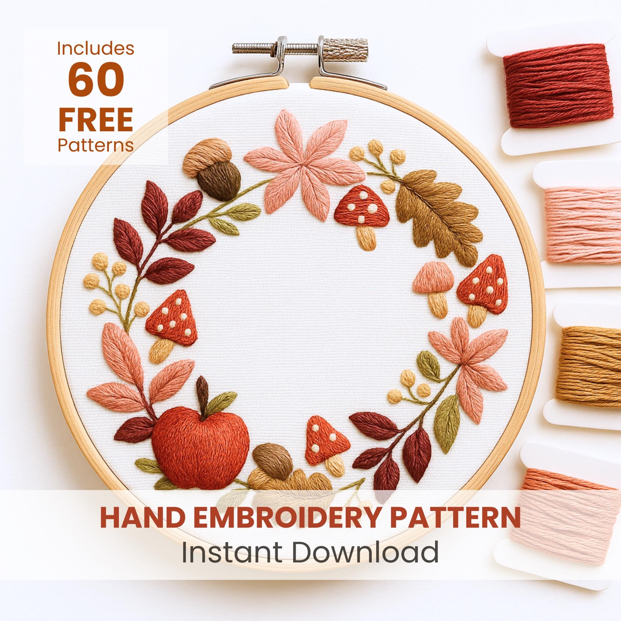 コテージコア マッシュルーム刺繍パターン：アップルリースデザイン