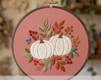 White Pumpkins Hand Embroidery Pattern Pumpkin PDF Download Autumn Berry Design Beginner Friendly Hoop Art Printable Fall Wall Decor Modern