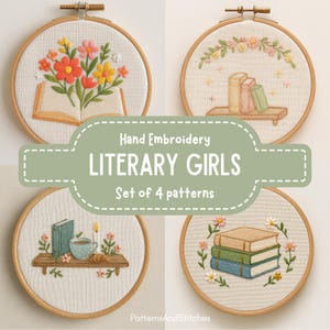 This digital PDF embroidery pattern set, “Literary Girls,” includes four charming designs featuring book-inspired scenes with delicate florals and warm details. Each piece captures a cozy, bookish aesthetic perfect for decorating home libraries or personal reading nooks. The designs include books with flowers, stacked books, and a teacup arrangement, all in soothing earthy and pastel tones. Ideal for mindful crafting and thoughtful handmade gifts for book lovers.