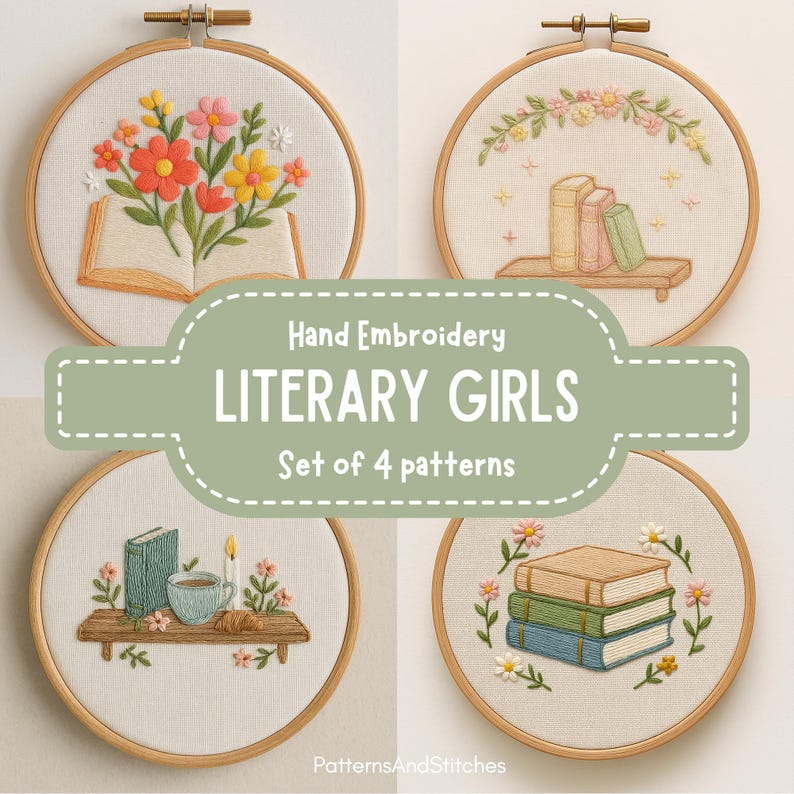 This digital PDF embroidery pattern set, “Literary Girls,” includes four charming designs featuring book-inspired scenes with delicate florals and warm details. Each piece captures a cozy, bookish aesthetic perfect for decorating home libraries or personal reading nooks. The designs include books with flowers, stacked books, and a teacup arrangement, all in soothing earthy and pastel tones. Ideal for mindful crafting and thoughtful handmade gifts for book lovers.