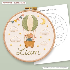 Pode incluir: Um bastidor de bordado com um desenho de um rato num balão de ar quente com nuvens, estrelas, uma lua crescente e bandeirolas. O nome Liam está bordado a verde sob o cesto. O texto diz PDF PATTERN - CUSTOM NAME.