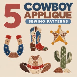 Pode incluir: Um conjunto de 5 padrões de costura de apliques de cowboy, incluindo uma ferradura, uma bota, uma estrela de xerife, um chapéu e um cacto. Cada design é composto por retalhos de tecido em vermelho, azul, castanho e verde.