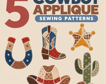Western Cowboy Applique Pattern Bundle | Boot Hat Horseshoe Sheriff Star Cactus | Printable PDF (7") + SVG | Raw Edge Quilt Block, Rodeo