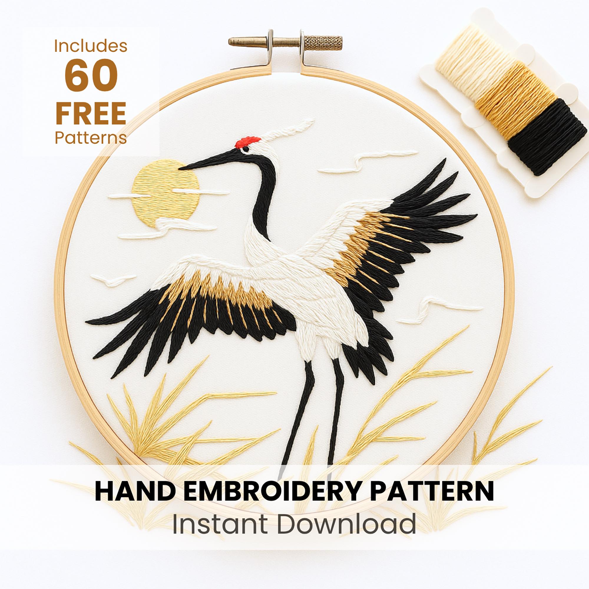 鶴の刺繍画 日本の鶴の刺繍パターン：DIY針仕事、ニードルアート（PDFパターン