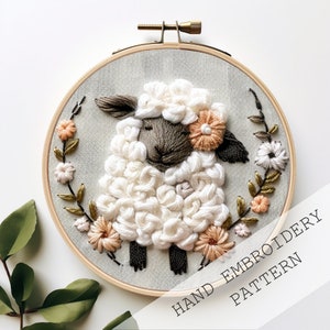 Sheep Hand Embroidery Pattern, Digital Download Embroidery, Animals Embroidery Pattern, Gift, Beginner Friendly embroidery, floral sheep art