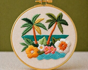 Patrón de bordado de palmera, arte tropical costero en bastidor, descarga en PDF, arte botánico para pared, decoración de casa de playa
